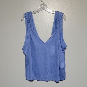 H&M 100% Linen Blue Knot Detail Shoulder Tank Top Tee V-neck Cover-up Sz XXL